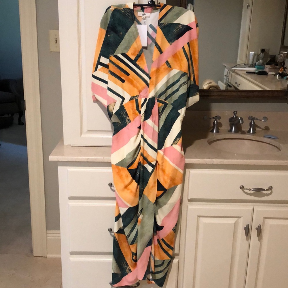 entro Multi-Color Geometric Maxi Dress - Pink, Mustard, Green, Cream
